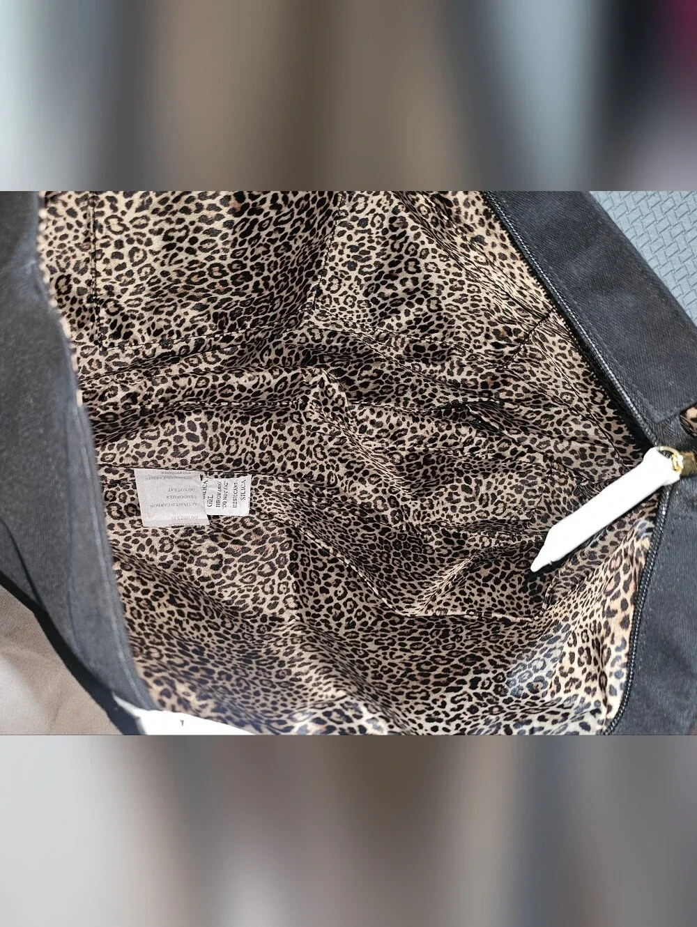 Victoria's Secret Black Tote with White Logo Straps Leopard Lining